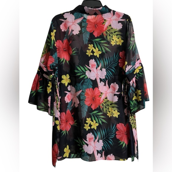 Soft Surroundings Tropical Moonlight Sheer Blouse Top Black Floral Bell PL - Picture 6 of 9